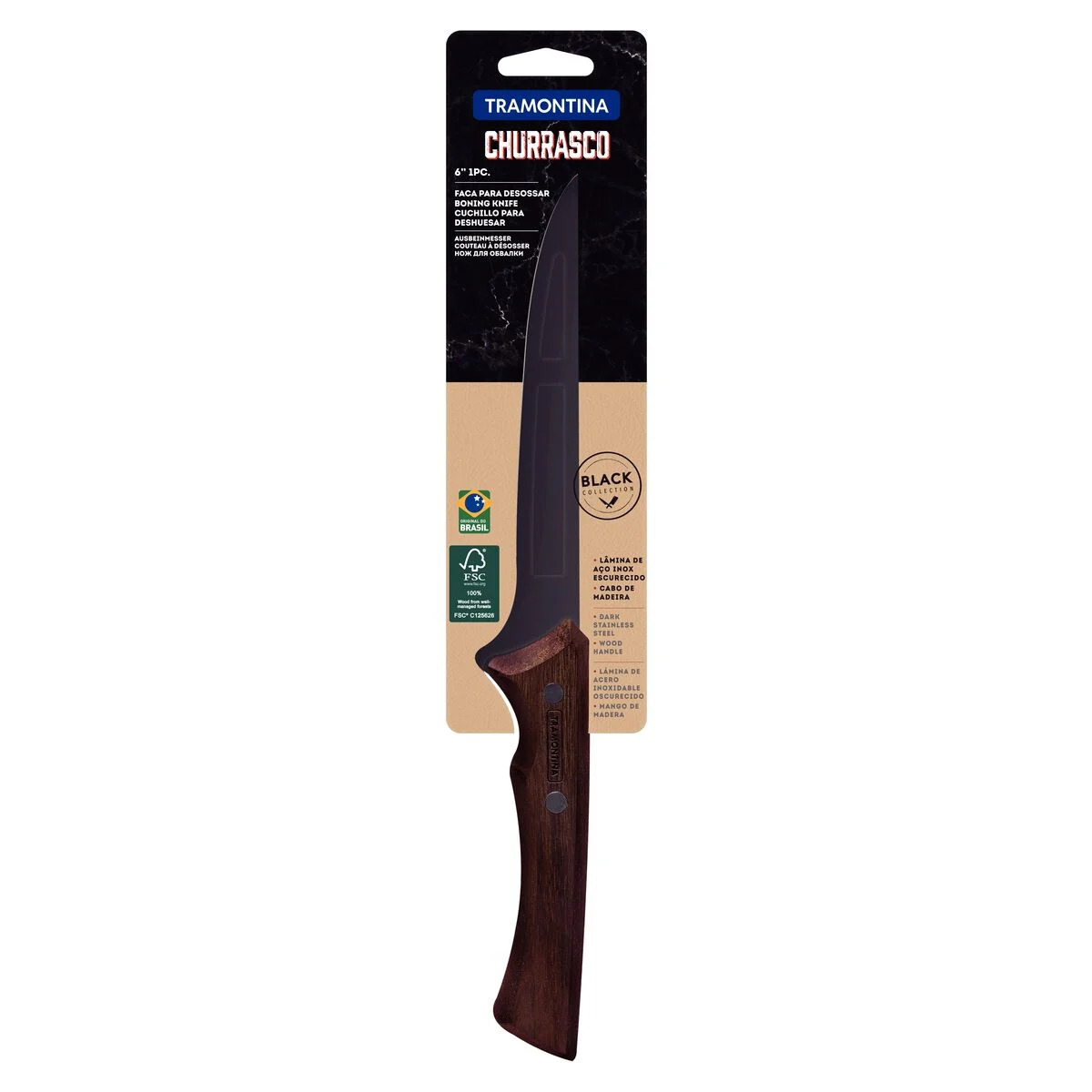 Cuchillo Deshuesar “Churrasco Black” Acero Inoxidable Oscurecido y Mango de Madera 6", Tramontina - Imagen 2
