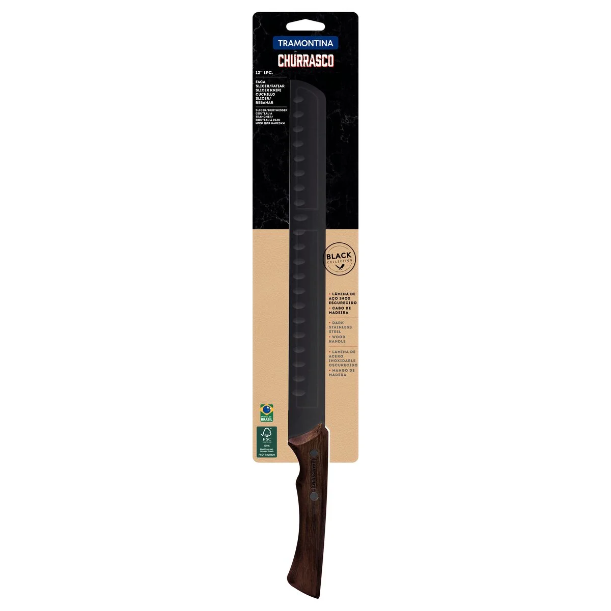 Cuchillo Slicer “Churrasco Black” Acero Inoxidable Oscurecido y Mango de Madera 12", Tramontina - Imagen 2